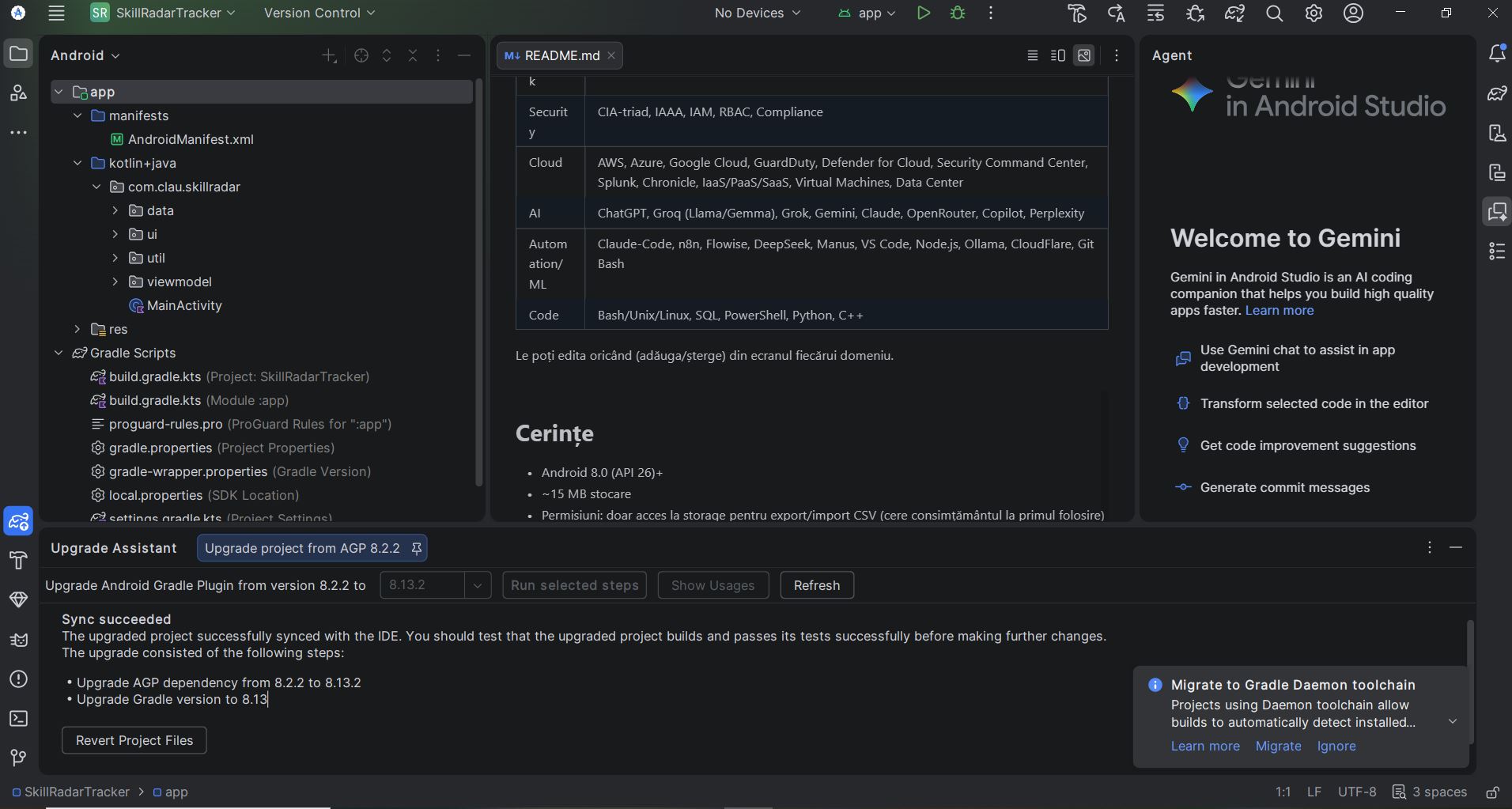 Android Studio showing the SkillRadarTracker project.